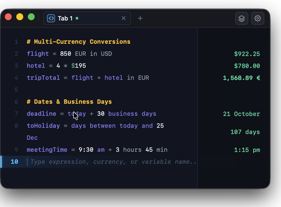 Kalc for macOS showing currency conversions and dates with aligned results.